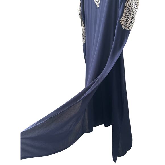 Dark Blue Kaftan Maxi Dress Ethnic Embroidery Women's XL Loungwear Beach Boho - Picture 4 of 6